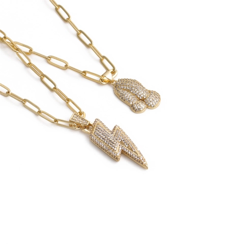 Hip Hop Pendant Necklace Copper Zircon Praying Hand Lightning Paperclip Chain Exaggerated Style For Men Women