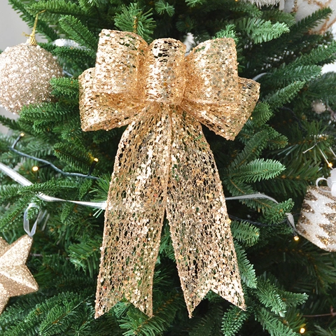 Large Christmas Tree Topper Bow Sparkling Sequin Mesh Ribbon With Streamers Festive Party Ornament Xmas Decoration
