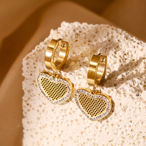 Retro Gold Plated Stainless Steel Heart Pendant Huggie Earrings With Sparkling Zircon Chic Jewelry For Women