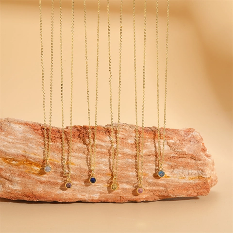 Minimalist 14K Gold Plated Copper Round Birthstone Pendant Necklace For Women Colorful Zirconia Inlaid Dainty Clavicle Chain