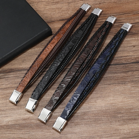 Men Multi Layer Woven Leather Bracelet Wax Rope Alloy Magnetic Clasp Retro Punk Ethnic Jewelry Accessory