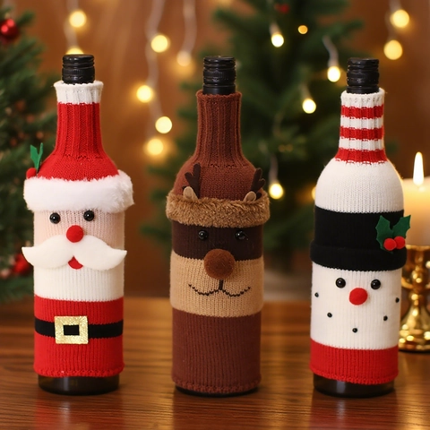 Christmas Wine Bottle Covers Knitted Santa Snowman Elk Decor For Holiday Dinner Party Table Decoration