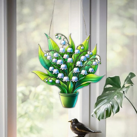 Lily Of The Valley Suncatcher Acrylic Stained Glass Style Window Hanging Decoration Monstera Leaf Succulent Home Decor