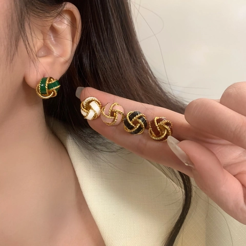 French Retro Knot Stud Earrings Gold Plated Enamel Twisted Rope Elegant Jewelry Accessory For Women