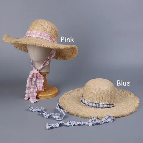Women Wide Brim Raffia Straw Hat With Gingham Ribbon Bow Tie Frayed Edge Summer Beach Sunshade Vacation Sweet