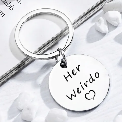 Stainless Steel Round Tag Keychain Engraved His Crazy Her Weirdo Heart Pattern Anniversary Gift