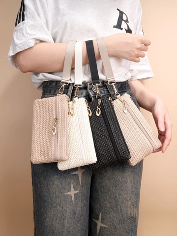 Stroh Gewebte Clutch Tasche Mehrere Reißverschlüsse Handgelenktasche Sommer Strand Handybeutel Damen Retro Stil