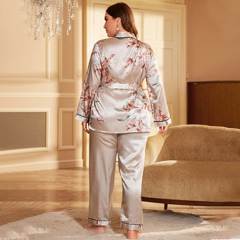 Übergrößen Damen Satin Pyjamas Mit Blumenmuster Langarm Robe Oberteil Mit Gürtel Und Lange Hose Loungewear ImitationsSatin