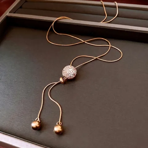 Vintage Gold Plated Copper Lariat Necklace With Pave Zircon Round Ball Adjustable Pull Chain For Women