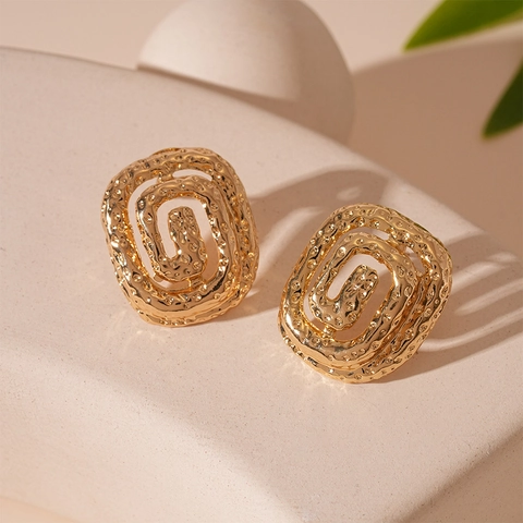 Vintage Hammered Metal Geometric Earrings With Silver Earring Post Gold Spiral Square Studs For Women