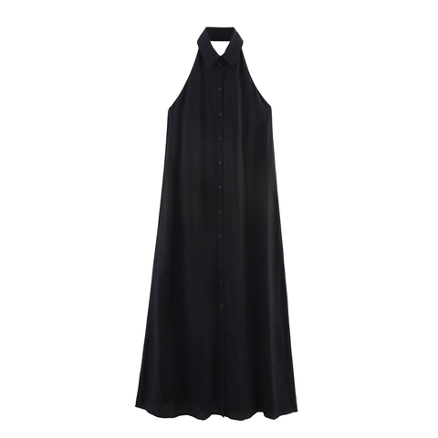 Halterneck Maxi Dress Linen Single Breasted Backless Sleeveless High Waist A-Line Elegant Casual Solid Black For Women