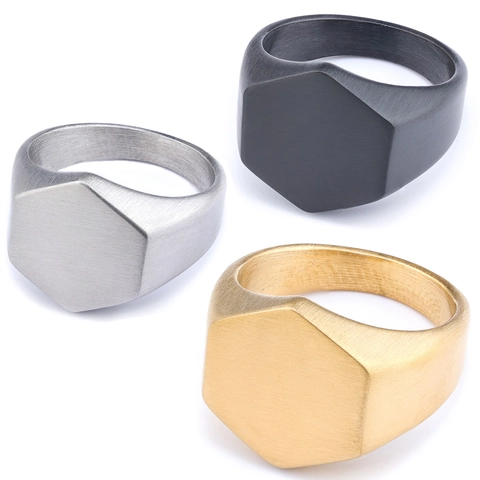Anillo De Sello Hexagonal Acero Inoxidable Mate Cepillado Geométrico Minimalista Punk Joyería Para Hombres Y Mujeres