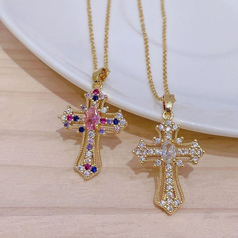 Vintage Punk Cross Pendant Necklace Alloy Colorful Zircon Rhinestone Gothic Trendy Jewelry Women Men Party Gift