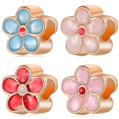 Cherry Blossom Five Petal Flower Beads Alloy Enamel Rose Gold Plated DIY Jewelry Charms For Bracelet Necklace Sweet Gift