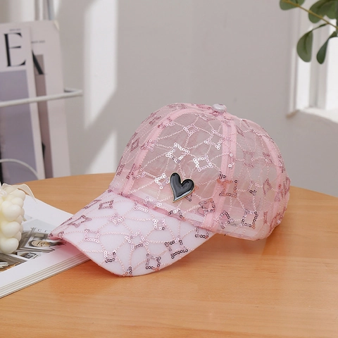 Women Fashion Mesh Sequin Baseball Cap Breathable Lace Sun Hat With Heart Patch Geometric Pattern Adjustable Outdoor Summer Travel Hat