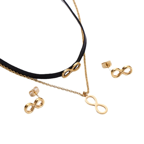 Gioielli Simbolo Infinito Includono Collana Doppio Strato E Orecchini A Lobo Acciaio Inossidabile Placcato Oro Cordino Nero Choker