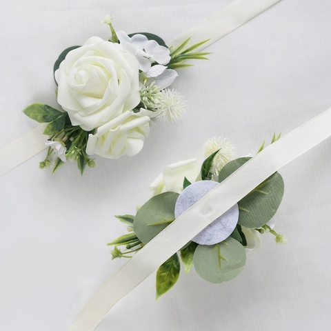 Witte KunstSatijn Roos Boutonniere En Polscorsage Voor Bruiloft Feest Prom Bruid Bruidegom Accessoires