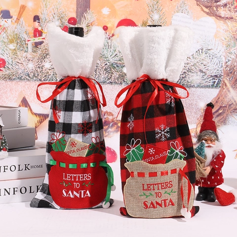 Christmas Wine Bottle Covers Plaid Fabric With Faux Fur Collar Embroidery Festive Party Table Dinner Decoration