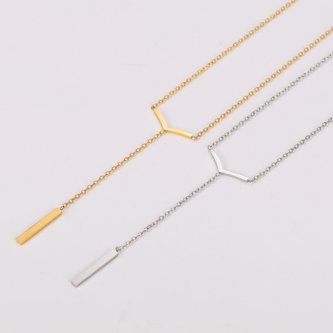 Collar En Y De Acero Inoxidable 304 Minimalista Barra En V Geométrica Y Colgante Largo De Pilar Lariat Para Mujer Hombre