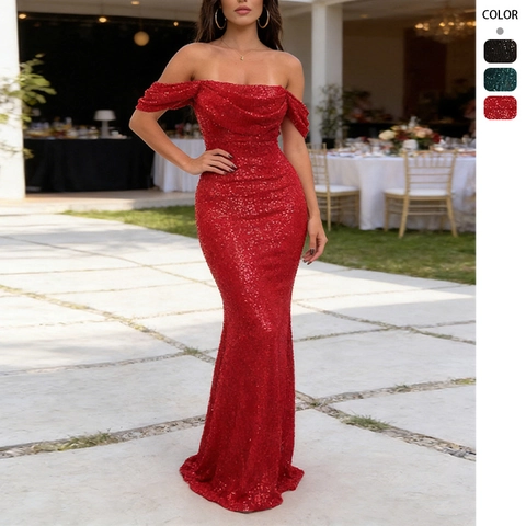 Vestito Da Sera Con Paillettes Spalle Scoperte Sirena Lungo Sexy Vita Alta Fishtail Abito Da Festa Per Donne