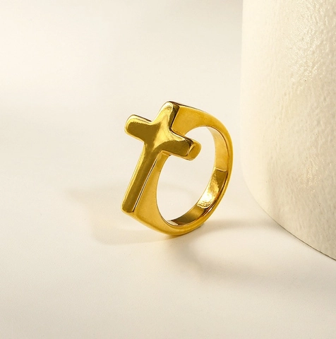 Anello Con Croce Minimalista Placcato Oro 18K Acciaio Al Titanio Fascia Larga Gioielli Di Moda Per Donne