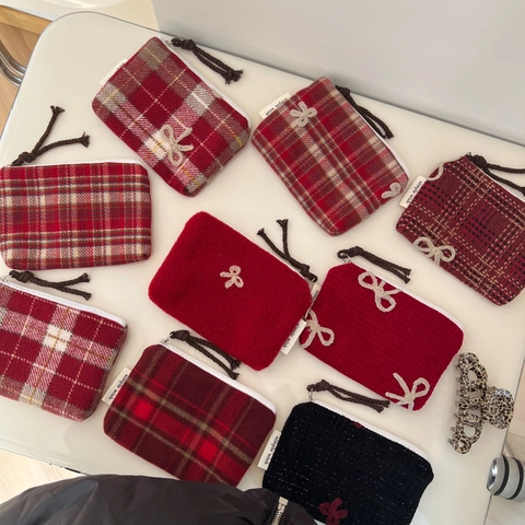 Retro Woolen Karierte Münzbörse Mit Schleife Stickerei Mini Reißverschluss Aufbewahrungstasche Für Karten Lippenstift