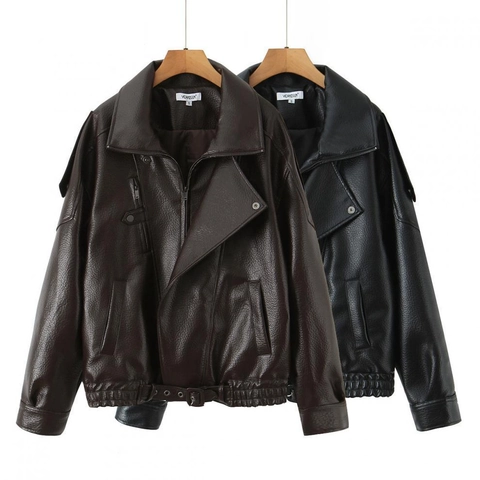Women Faux Leather Motorcycle Jacket Zip Pocket Belted Hem Vintage PU Biker Coat Long Sleeve Streetwear