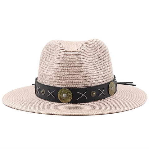 Wide Brim Straw Fedora Hat Bohemian Western Style With Faux Leather Band Metal Concho Sun Protection For Summer Vacation