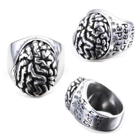 Anello Forma Cervello Acciaio Inossidabile Peccati Capitali Inciso Vintage Gothic Punk Gioielli Uomo Argento Antico