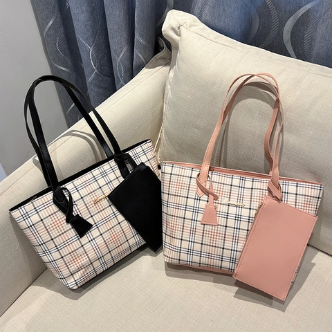 Plaid Print Tote Bag PU Leather Large Capacity Shoulder Bag Women Matching Pouch Elegant Shopping Handbag