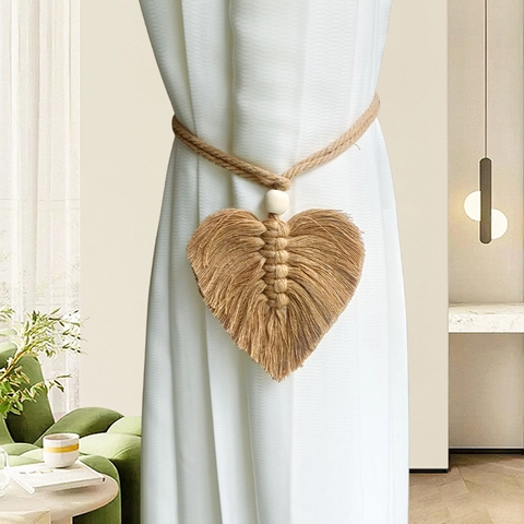 Curtain Tiebacks Hand Woven Macrame Cotton Rope Leaf Shaped Wood Bead Boho Style Window Decorative Holder