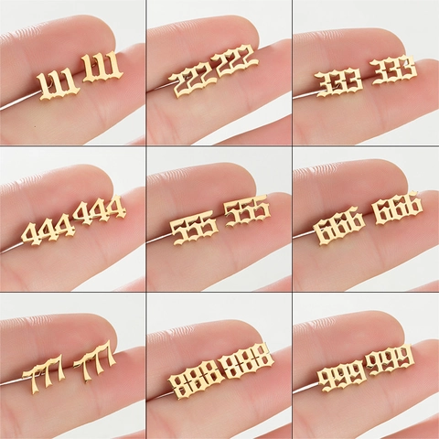 Gotische Engel Nummer Ohrstecker Edelstahl 18K Vergoldet Old English Numerologie Streetwear Hip Hop Schmuck