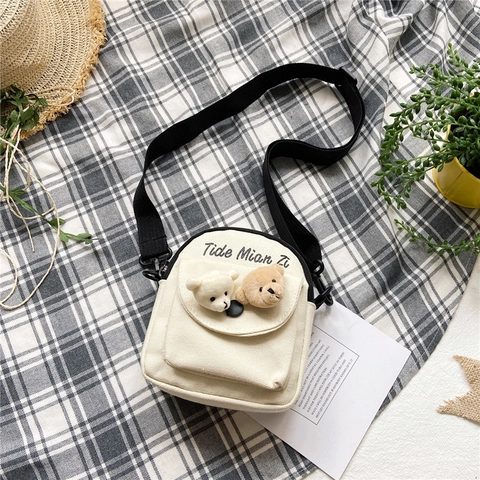 Mini Canvas Crossbody Bag For Women Students Cute Plush Bear Decor Korean Style Small Square Shoulder Purse