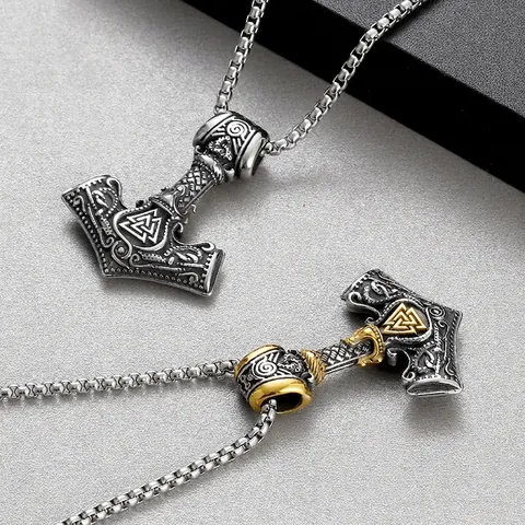 Collar Con Colgante De Martillo De Thor Mjolnir De Acero Inoxidable Símbolo Valknut Odín Joyería Punk Vintage Para Hombre