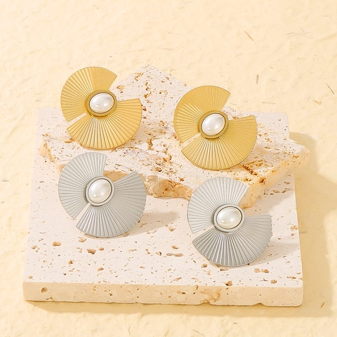 Fan Shaped Stud Earrings 18K Gold Plated Stainless Steel Irregular Geometric Faux Artificial Pearl Textured Elegant Jewelry For Women