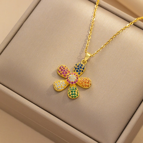 Collana Con Ciondolo A Girasole Placcata Oro Acciaio Inossidabile Zirconia Colorata Strass Gioielli Floreali Vintage Per Donna