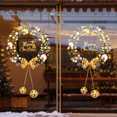 Christmas Window Stickers Golden Wreath Static Cling Decals Double Sided Merry Christmas Glass Door Decor