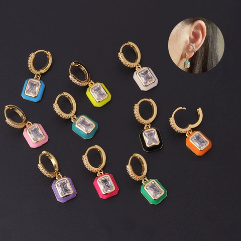 Kleurrijke Emaille Rechthoekige Hanger Hoop Oorbellen Koper Zirkonia Geometrische Mode-Sieraden Voor Dames