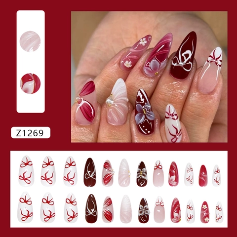 Press On Nails 3D Flower Bow Artificial Pearl Decor Dark Red Almond Shape French Style Elegant Luxury Fake Nails