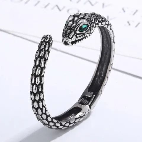 Bracelet Jonc Serpent Vintage Acier Inoxydable 316L À Charnière Avec Yeux En Zircone Cubique Vert Style Punk Pour Femmes
