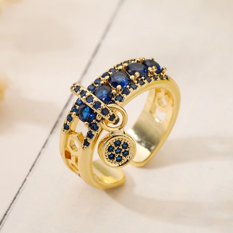 Geometric Open Ring Copper Gold Plated Blue Zircon Round Pendant Adjustable Vintage Fashion Women Jewelry