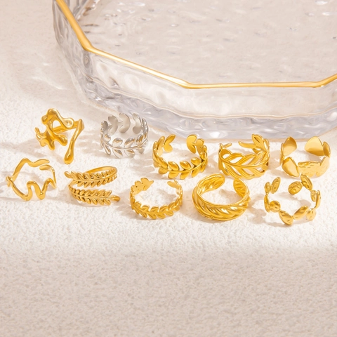 Anillo Abierto de Acero Inoxidable Estilo Ins para Mujer Minimalista Patrón de Hoja Pluma Calada Anillo de Dedo Chapado en Oro Plata Joyería Regalo