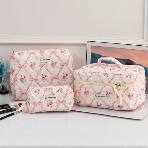 Gesteppte Kosmetiktasche Mit Blumenmuster Baumwolle Rose Schleife Reise Organizer Kulturtasche Tragbar Aufbewahrung Damen