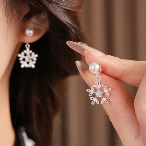 Pendientes Colgantes De Copo De Nieve Con Circonita Y Perla Artificial Poste De Plata Joyería De Invierno Para Mujer