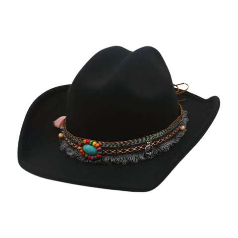 Ethnischer Western Cowboyhut Polyester Filz Breite Krempe Mit Türkis Deko Band Fransen Tassel Retro Stil Für Herren Damen