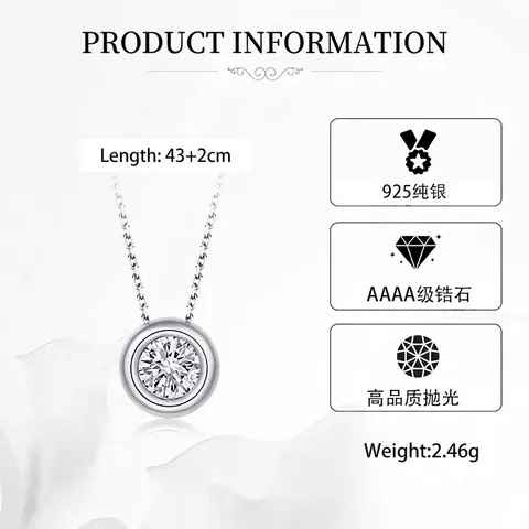 925 Sterling Silver Round Bezel Set Zirconia Pendant Necklace For Women Minimalist Clavicle Chain Jewelry Gift For Girlfriend