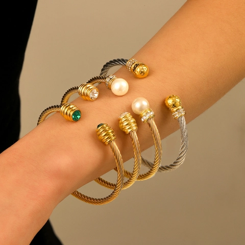 Bracelet Jonc Câble Torsadé Plaqué Or 18K Acier Inoxydable Avec Künstliche Perle Émeraude Zircone Bijoux Étanche Pour Femmes