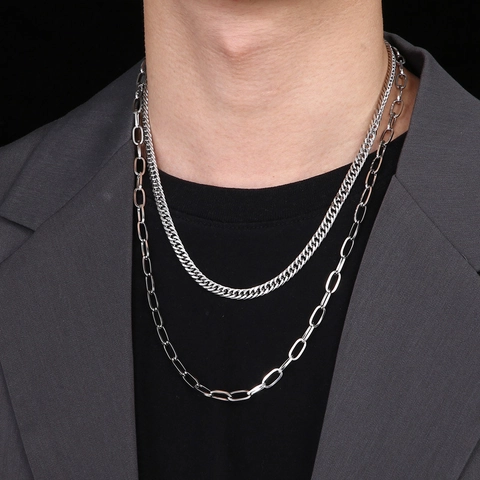 Double Layered Necklace For Men Stainless Steel Curb Chain And Paperclip Chain Hip Hop Style Jewelry Trendy Accessory Silver