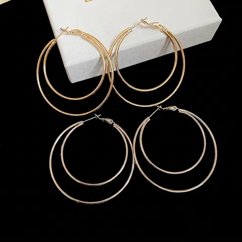 Glänzende Zweilagige Runde Creolen Mit 925 Sterling Silber Ohrstecker Minimalistischer Geometrischer Kupferschmuck Für Damen
