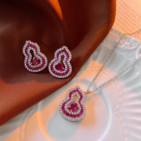 Gourd Hollow Out Jewelry Including Necklace And Earrings Copper Red Zircon Inlaid Vintage Chinese Style For Women Luxury